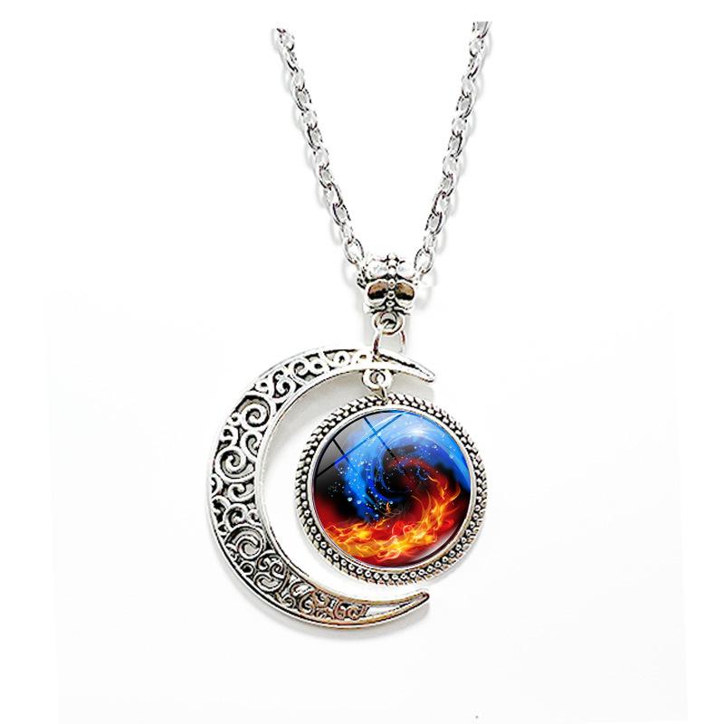 1Pc Tai Chi Star Moon Necklace, Retro Punk Carved Skull Alloy Chain Sweater Accessory