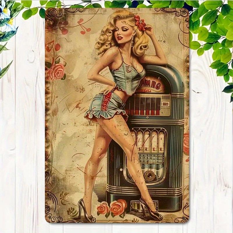 8x12 Inch Retro Metal Wall Sign - Vintage 1940s Pin-Up Girl & Jukebox Design, Durable Iron Rustic Wall Art for Bar, Music Room