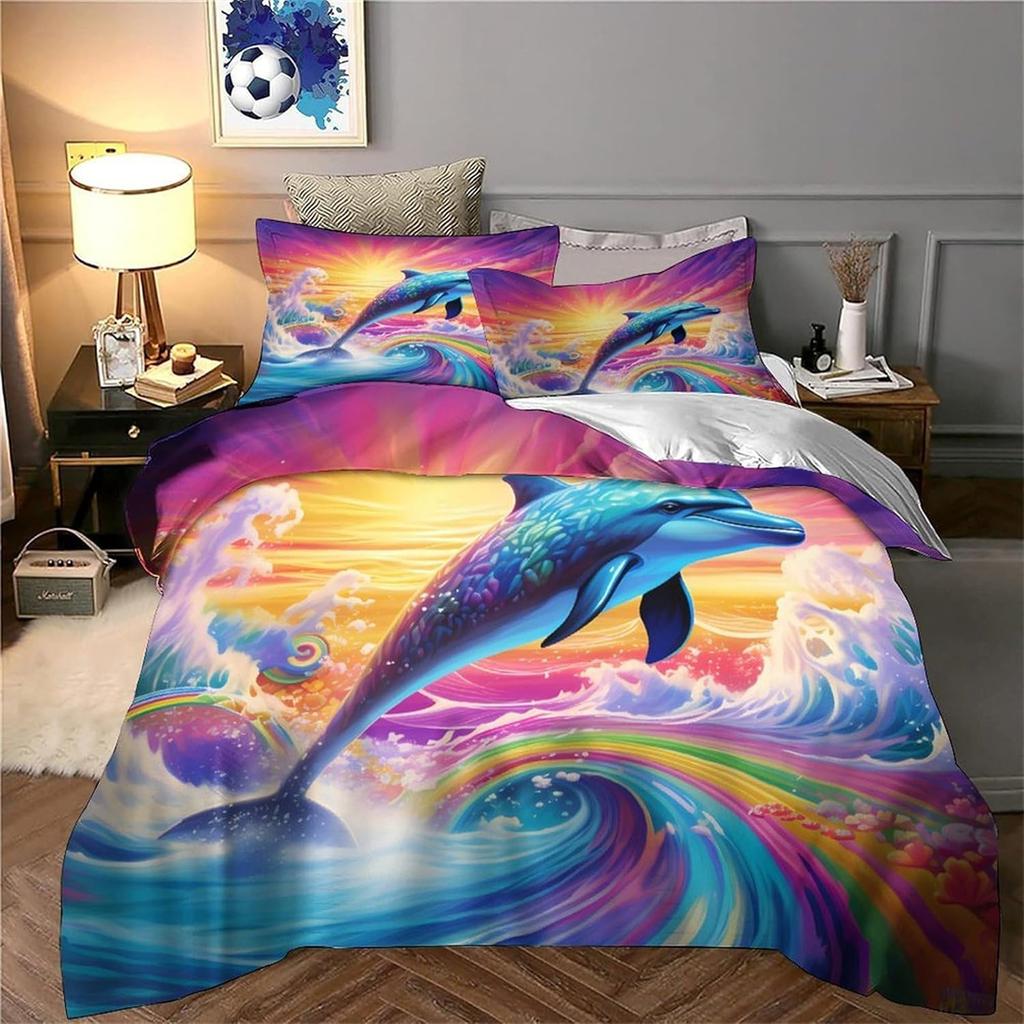 3D Dolphin Duvet Cover Set, Underwater World Duvet Cover and Pillowcases,Dolphin,Tropical Fish,Coral Ocean Bedding Set with Zip