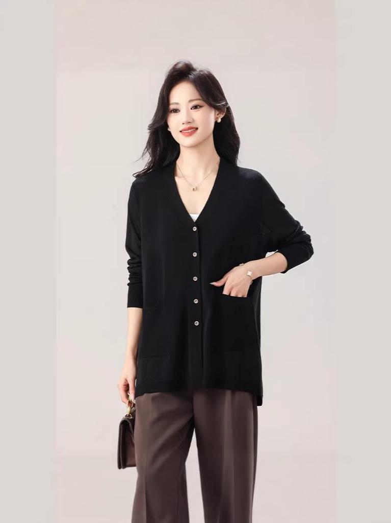 2026 Spring Women's Casual Korean Style Ice Silk Knit Cardigan - Single-Breasted, Long Sleeve, Loose Fit, Plus Size Sweater