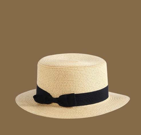 Women Summer Beach Flat Top Hat Panama Bowknot Straw Hat Casual Sun Visor Cap