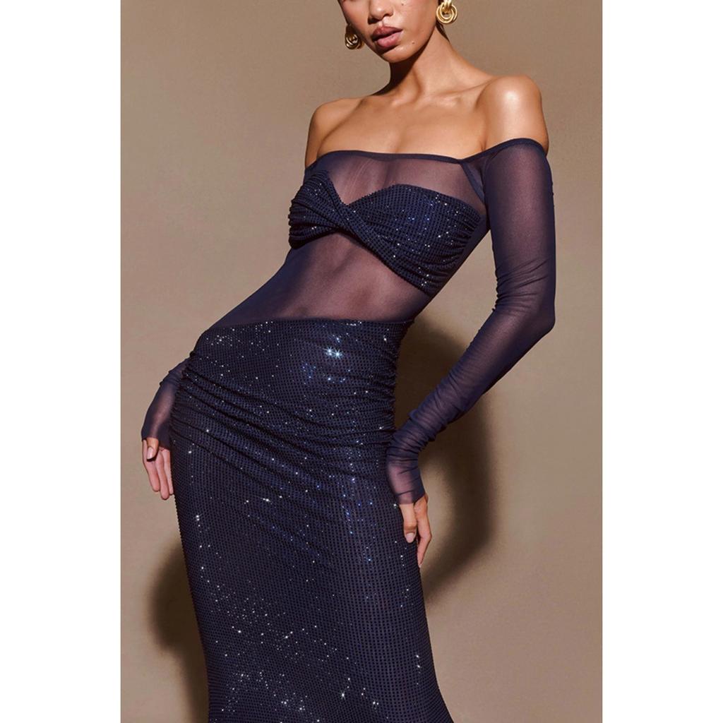 Women's Sexy Sheer One Shoulder Bodycon Long Evening Gown Dress for Party Dinner European American Style
