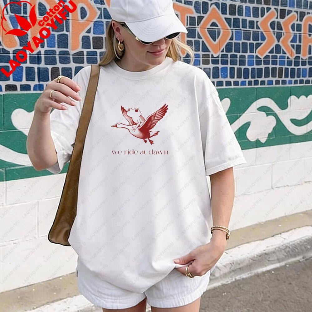 We Ride At Dawn Tshirt Funny Frog And Goose TShirt Whimsical Chaotic Animal Shirt Unisex Unisex Crewneck Cotton Short Sleeve S