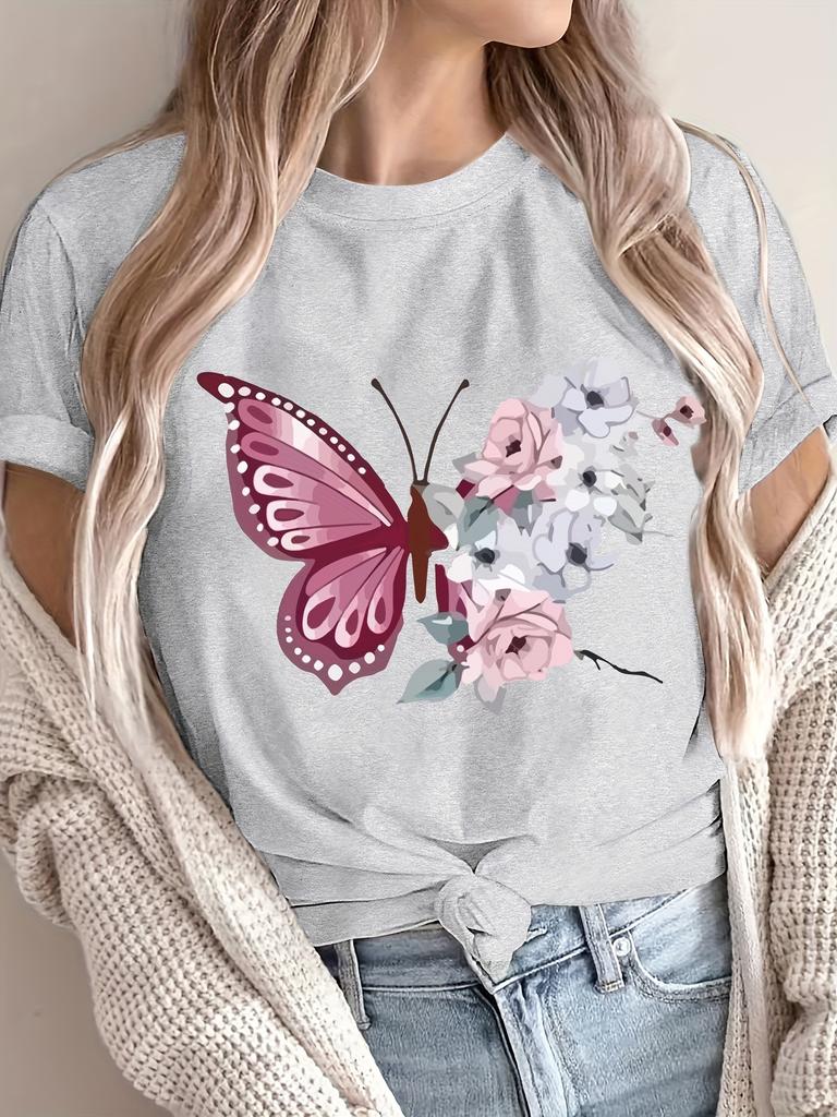 New Trendy Brand Butterfly Print Short-Sleeve T-Shirt with a Round Neck, Versatile for Any Outfit.
