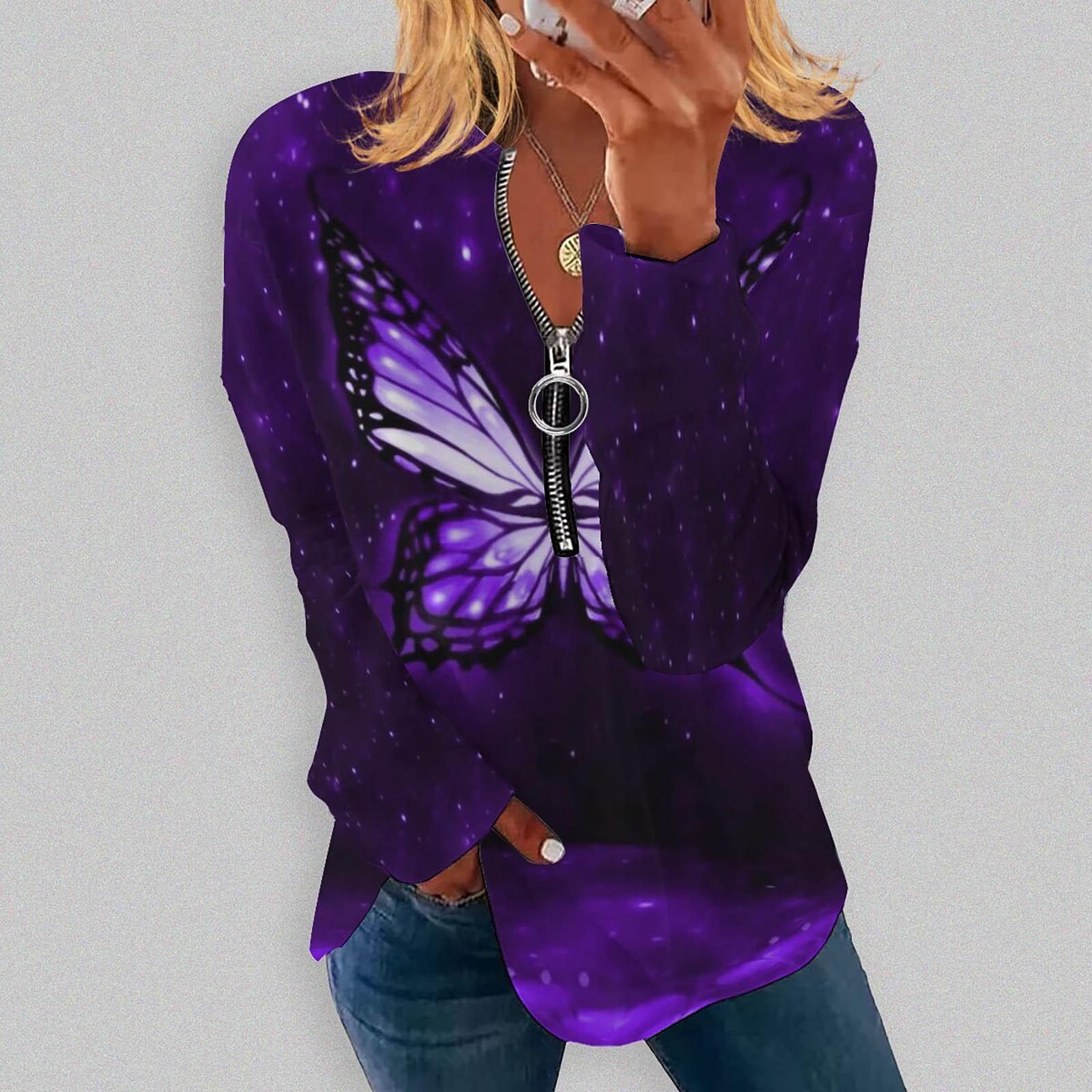 

Women s Fashion Casual Sloping Collar Hoodie Butterfly Print Long Sleeve T-shirt Top S фіолетовий