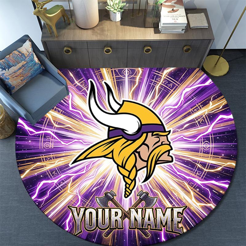 Custom Name Minnesota Vikings2 Round Area Rug,Carpet Rug for Living Room Bedroom Sofa Playroom Decor,Non-slip Floor Mat