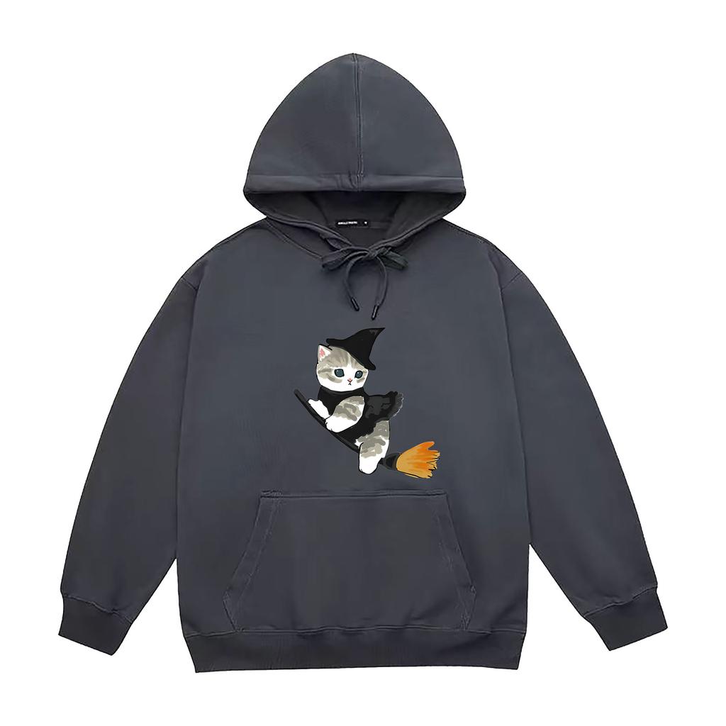 European and American Autumn and Winter Witch Cat Print Hoodie Sweatshirt for Men and Women, Korean Style Casual Tops for Couples