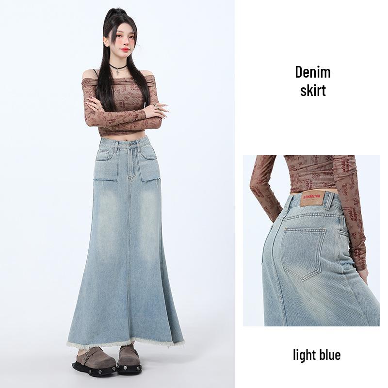Women's High-Waisted Denim Fishtail Midi Skirt - Vintage Style, Raw Hem, Spring 2025