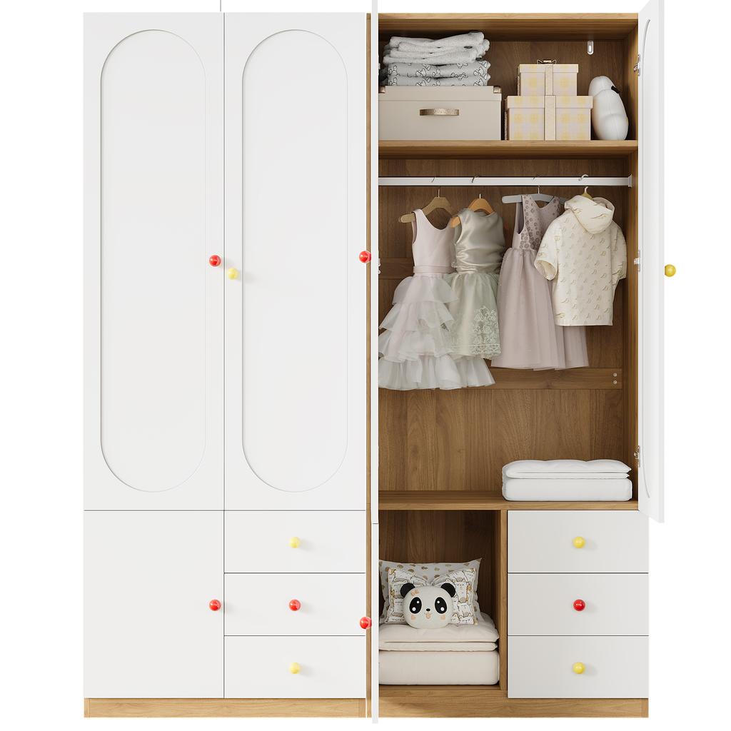 2-Door Wardrobe with Drawers, Bedroom Cabinet, Children's Room Furniture, with Clothes Rail, Colorful Ceramic Handles, White, Lacquer Finish, Set of 2
