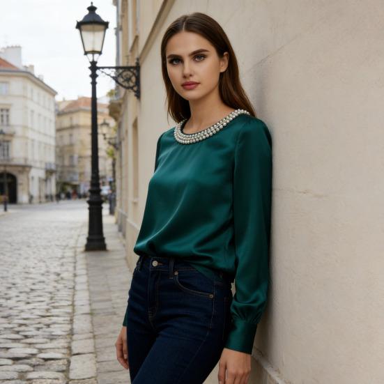 Women Tops Round Neck Long Sleeve Smooth Satin Pullover Tops Solid Color Loose Fit Faux Pearls Decor Casual Shirt Daily Wear