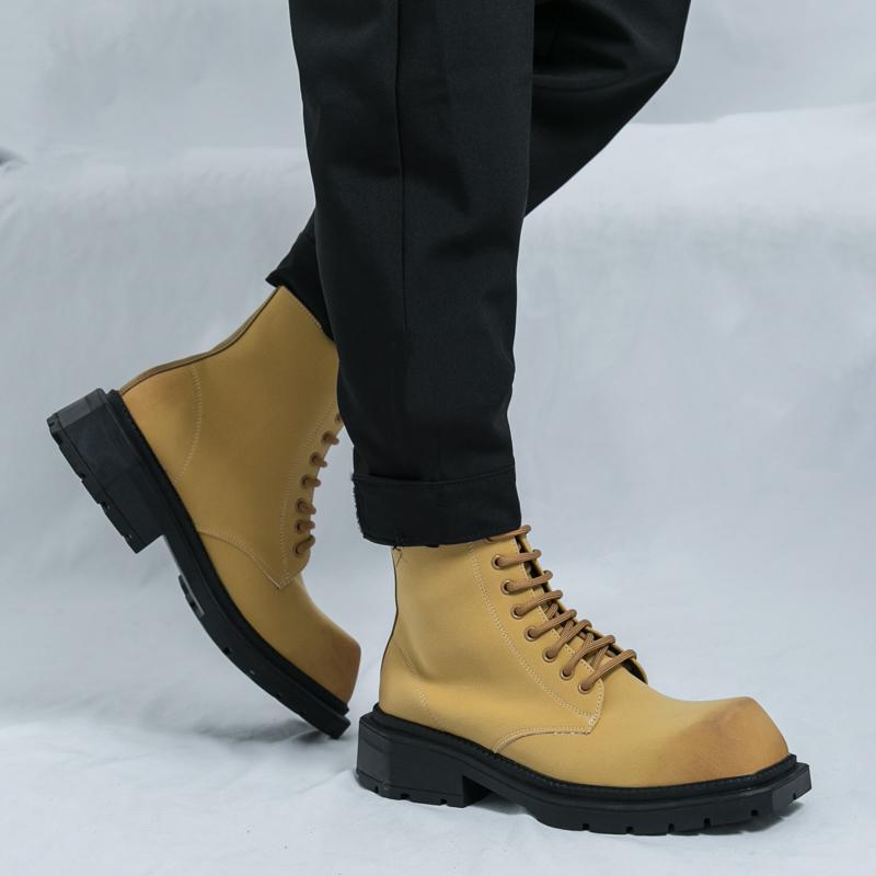 Men’s Retro Punk Thick Sole Platform Boots Jockey Boots Yellow Square Toe Motorcycle Boots High Boots Plus Size