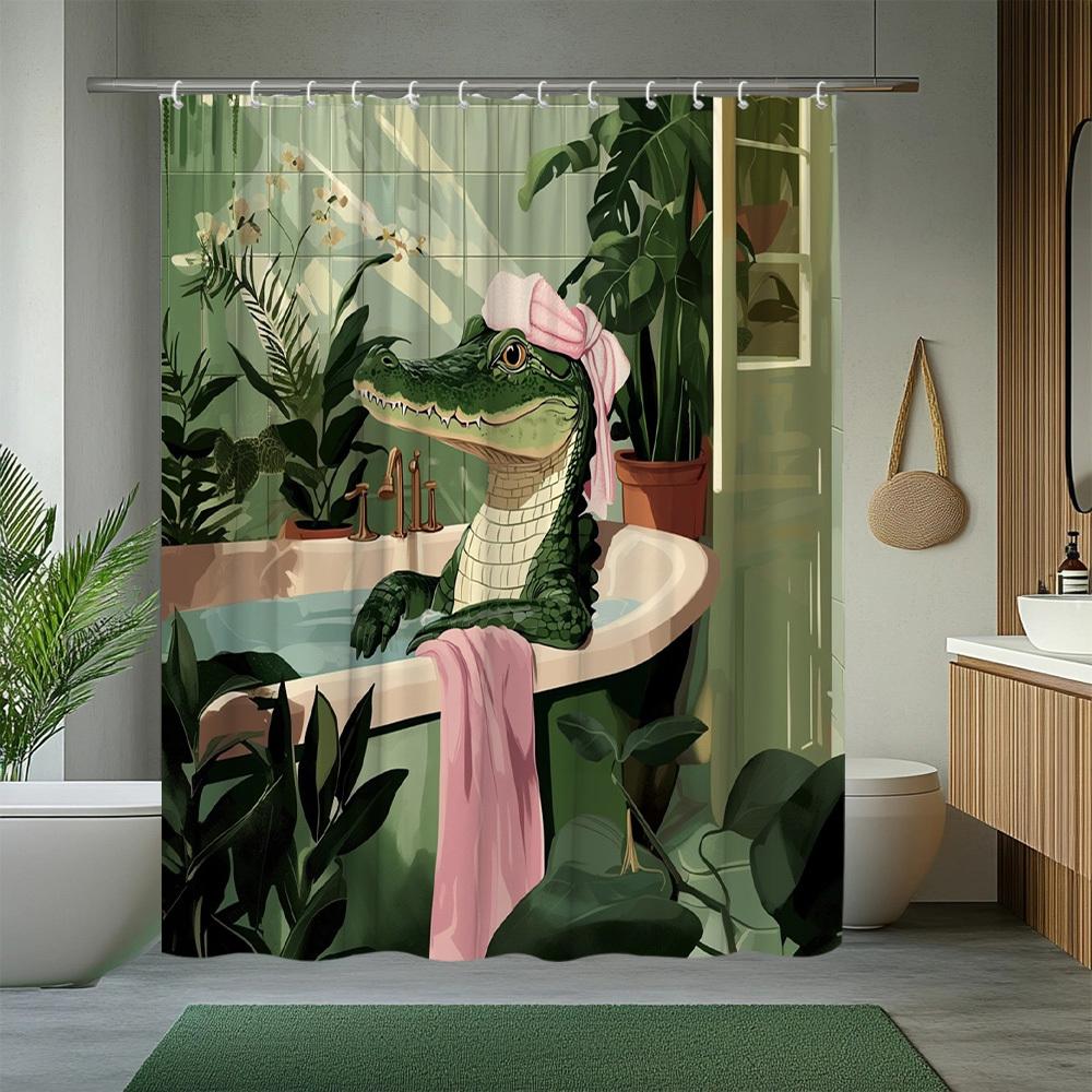 1pc Funny Alligator Pattern Shower Curtain Plant Theme Bathtub Partition Hanging Curtain Suitable for Bathroom Decoration Polyes