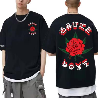 Streetwear Eladio Carrion T-shirt Rosblomma T-shirts Män Kvinnor Sauce Boyz Musikalbum Oversized Casual topp Hip Hop unisex Harajuku