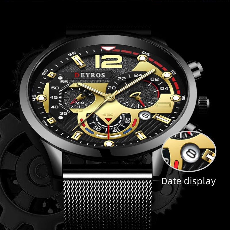 DEYROS Trend Personality Men's Calendar Watch Fashion Business Mesh Belt Luminous Quartz Watch Men's Watch