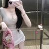Korean Style 2025 Striped V-Neck Slimming T-Shirt - Elastic, Comfortable, Short Sleeve