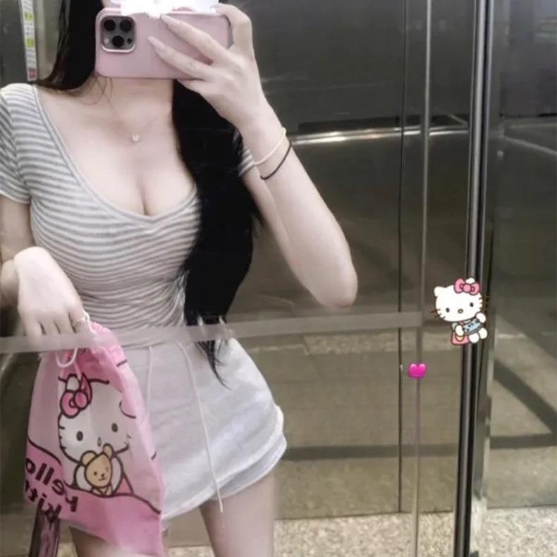 Korean Style 2025 Striped V-Neck Slimming T-Shirt - Elastic, Comfortable, Short Sleeve