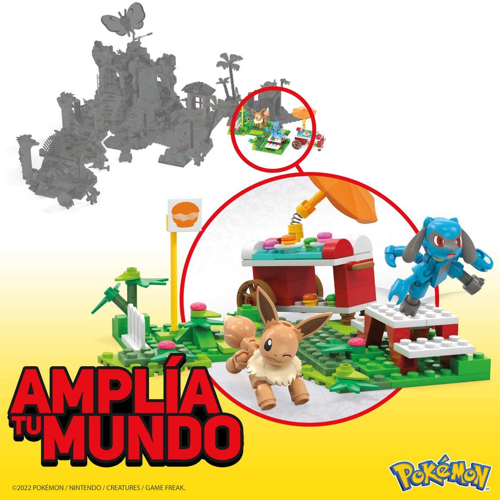MEGA Pokémon Abenteuerwelt Hügel-Picknick mit Evoli und Riolu - Sonnenschirm und Tischset - [163-teiliges Baustein-Set] [Ab 7 Jahren] HDL80