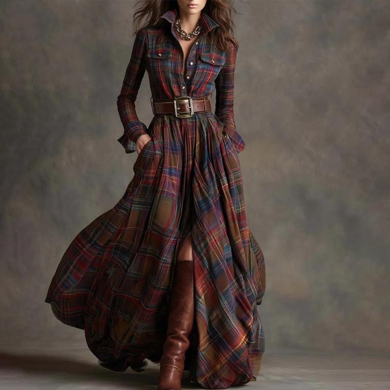 Stylish Irregular Grid Dress Comfortable Polyester Casual Ruffled Shirt Dress for Everyday Use Event and Outings