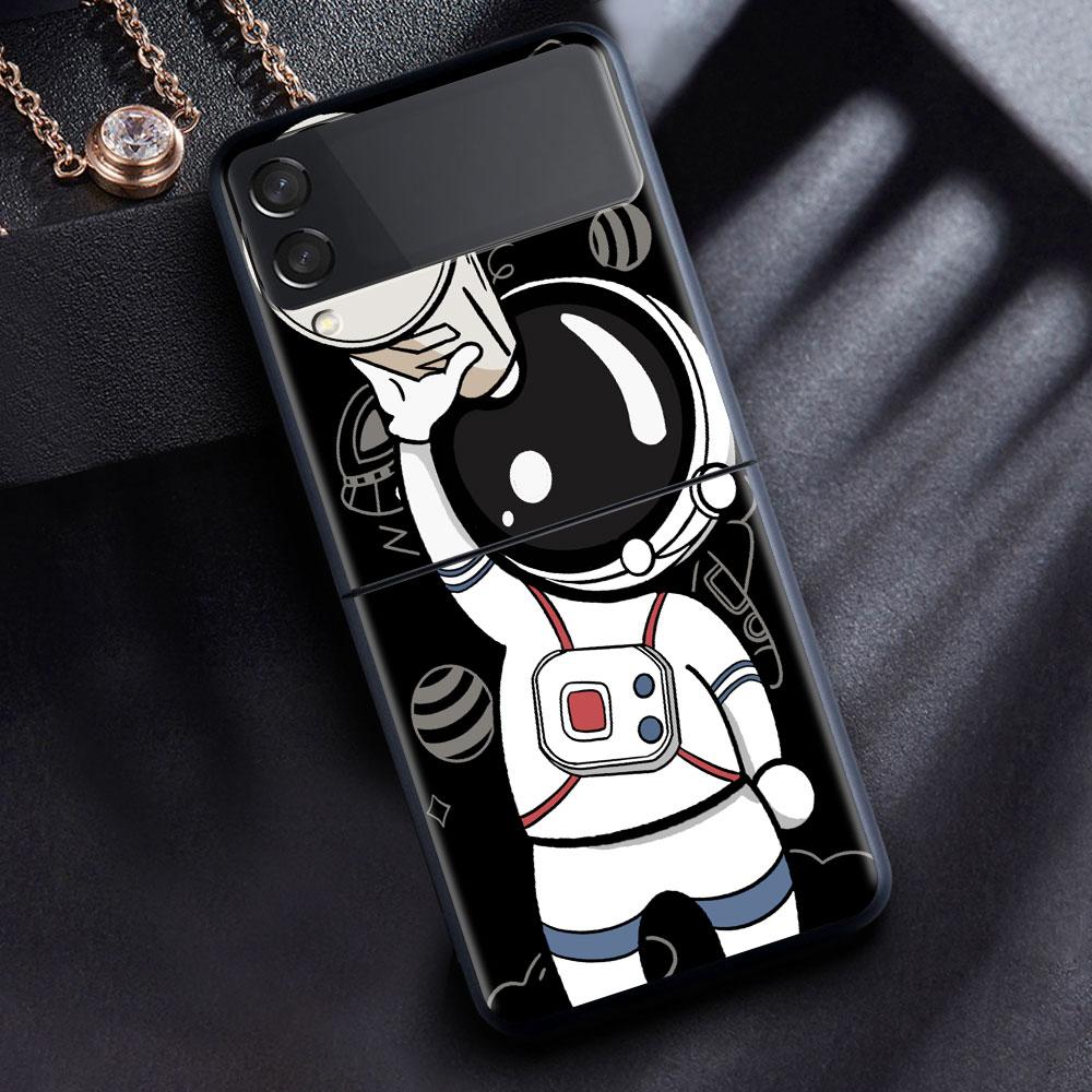 Case For Samsung Galaxy Z Flip 3 4 5G Black Hard PC Phone Housing Z flip4 Luxury Segmented Cover Cute Astronaut