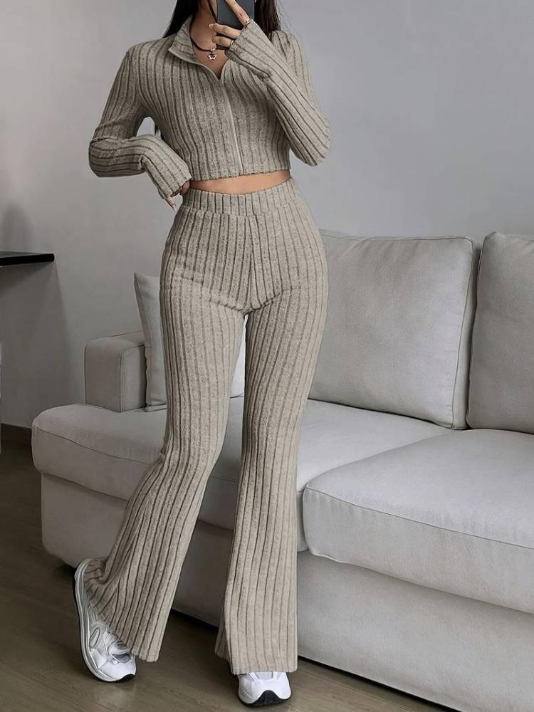 

Womens 2 Piece Outfit Short Top Zipper Jacket High Waist Wide Leg Pants Set XL хакі