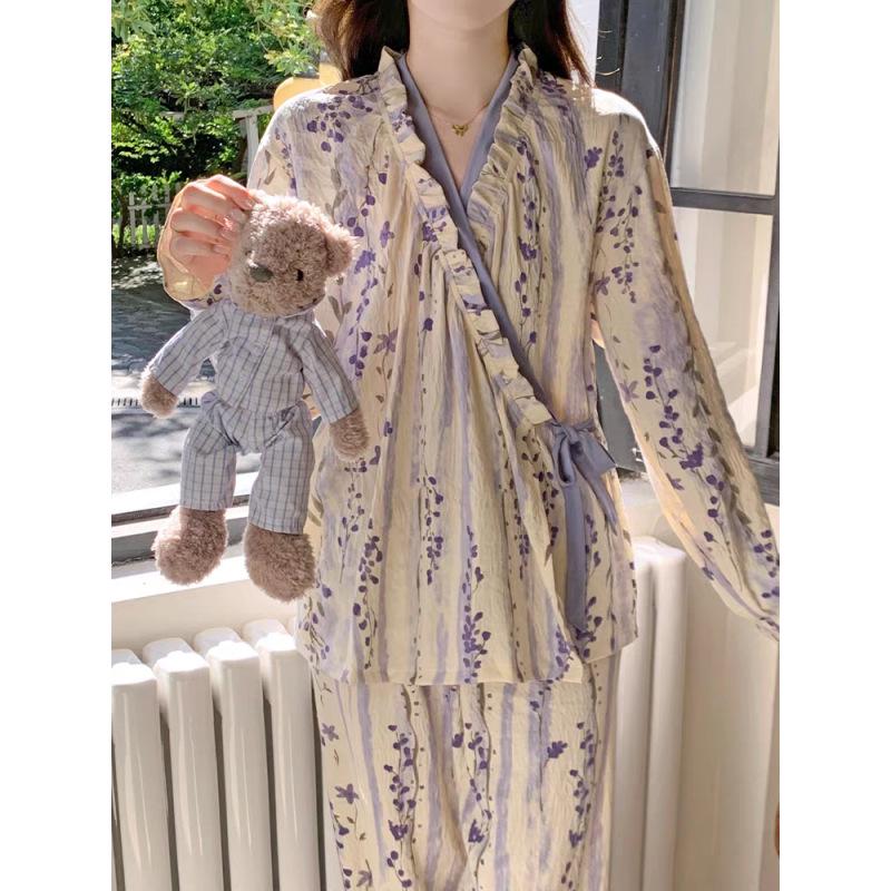 Spring 2026 Women's Cloud Cotton Tie-Up Long Sleeve & Pants Set - Sweet, Cute, Comfortable Home Wear
