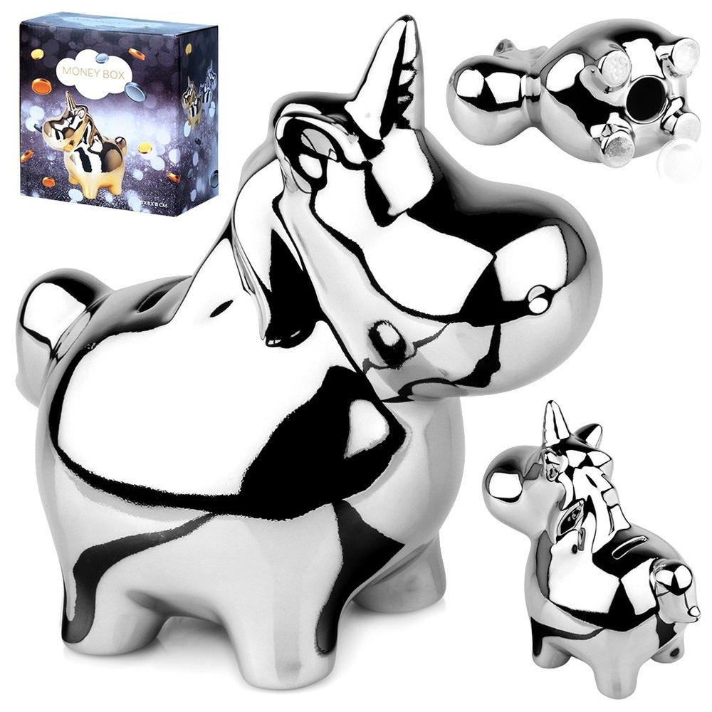 Ceramic piggy bank, silver mirror finish, 18x10.5 cm