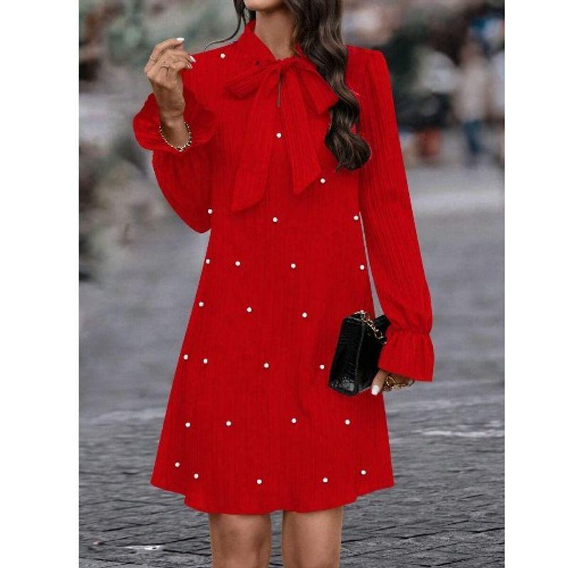 

Ранневесеннее милое модное платье в европейском и американском стиле, однотонное, с завязками, расшитое бисером, свободное, с длинными рукавами, для праздников, путешествий, базовое миди-платье Red XL