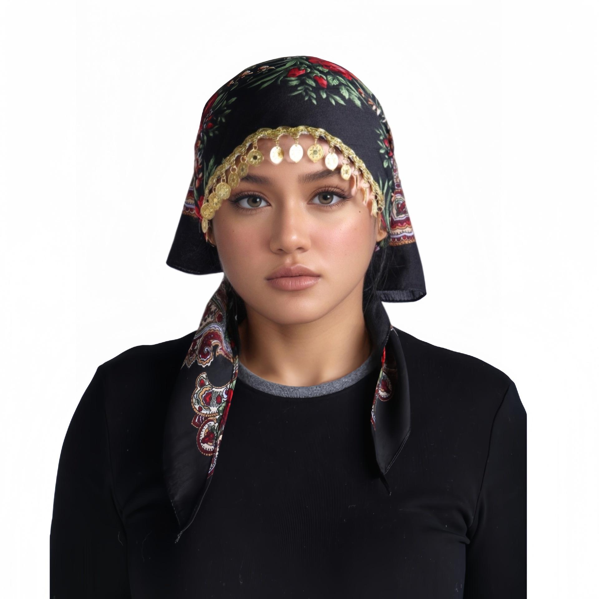 Ethnic Style Russian Print Headscarf with Gold Chain 75x130 cm