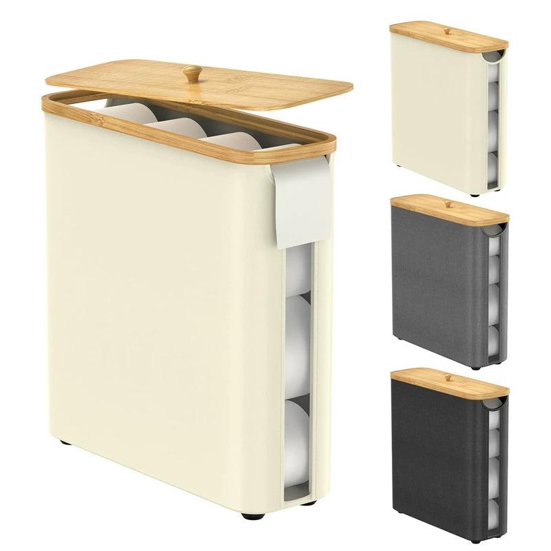 Transparent Bathroom Storage Box with Lid, Bamboo Foldable Napkin and Paper Roll Organizer