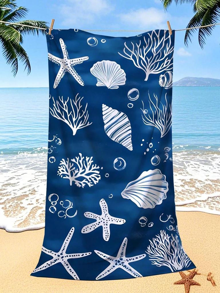 1pc Blue Quick-Dry Beach Towel, Shell Starfish Coral Print, Large Multifunctional Mat for Yoga, Travel, Camping, Swimming