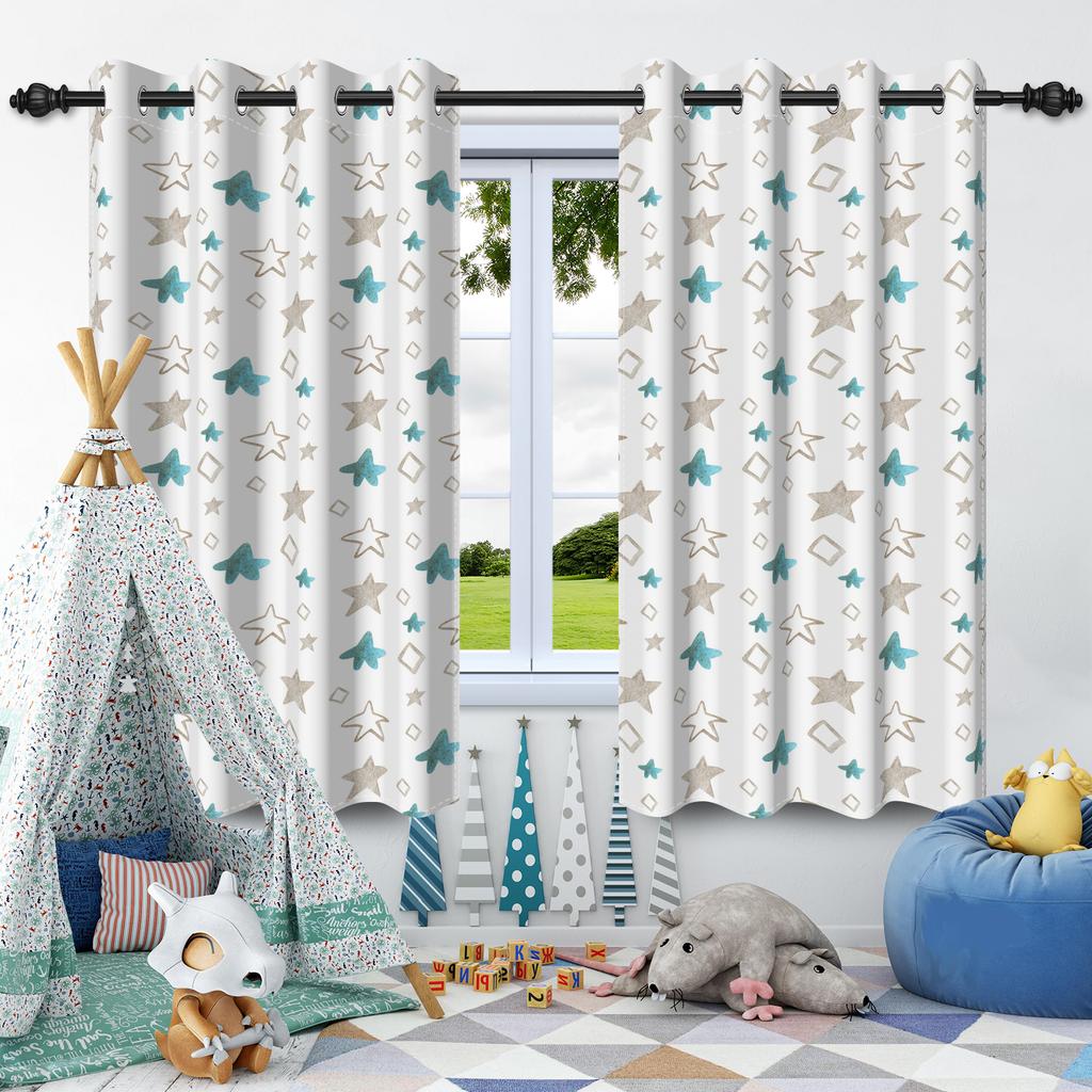 Kids Blue Theme Bedroom Curtains With Star Tree Prints Living Room Bedroom Kitchen Hotel 100% Blackout Windproof Window Curtains