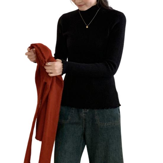 

Вязаные топы однотонные с полувысоким воротником и длинным рукавом с прозрачной отделкой, топы с низом, облегающие чёрный