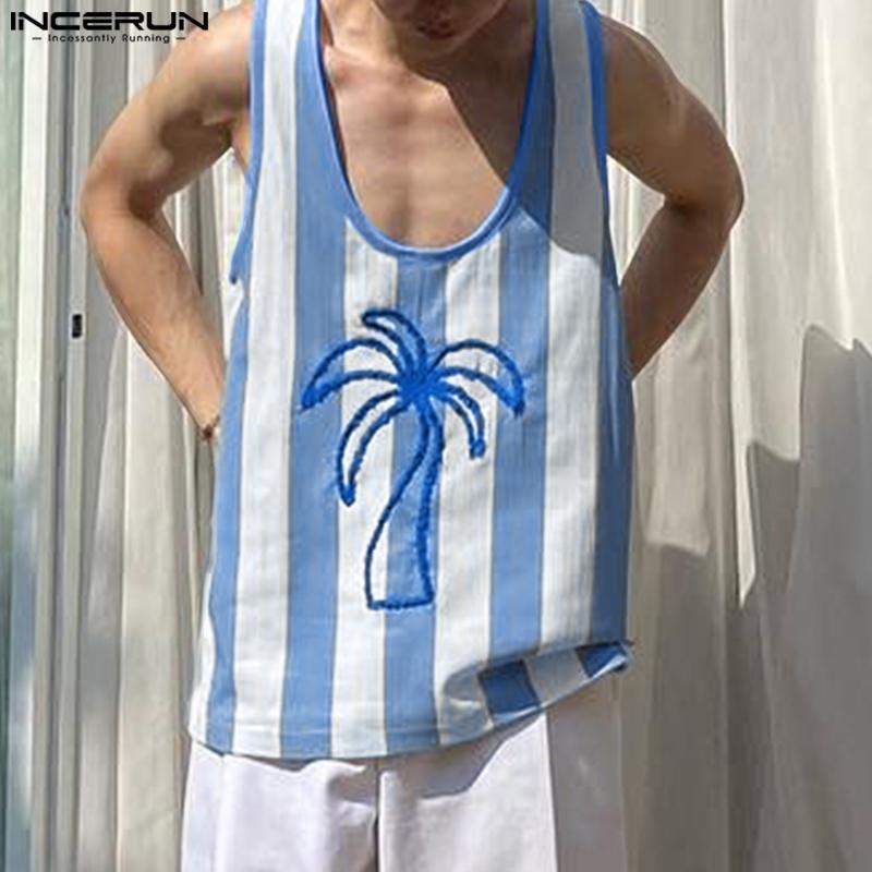 

INCERUN Summer Men U Neck Sleeveless Striped Print Loose Beach Tank Tops 2XL