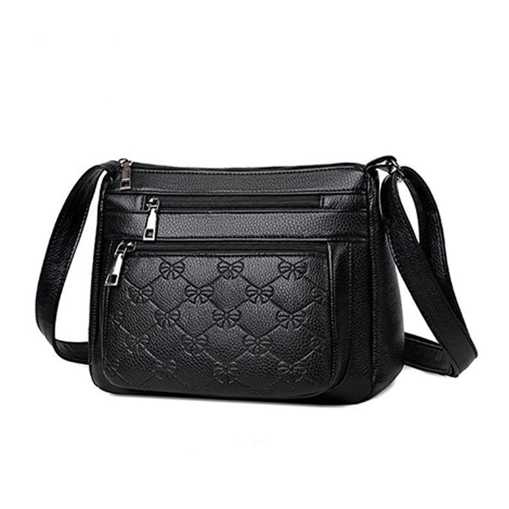 

Fashion PU Leather Buying Vegetable Bag Black Multi-layer Shoulder Messenger Bag Large Capacity Tote Bag Woman