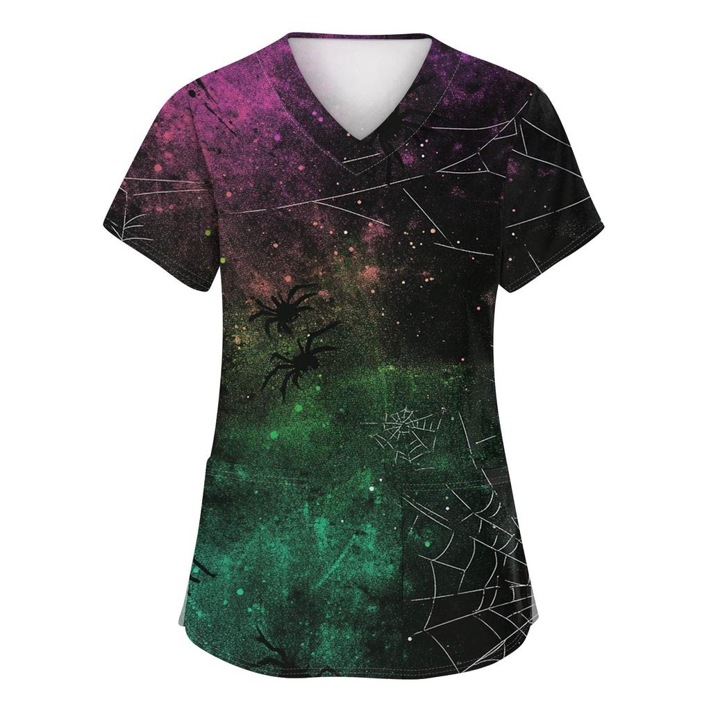 Women's Fashion V-neck Short-sleeved Work Uniform With Pockets, Halloween Print Top