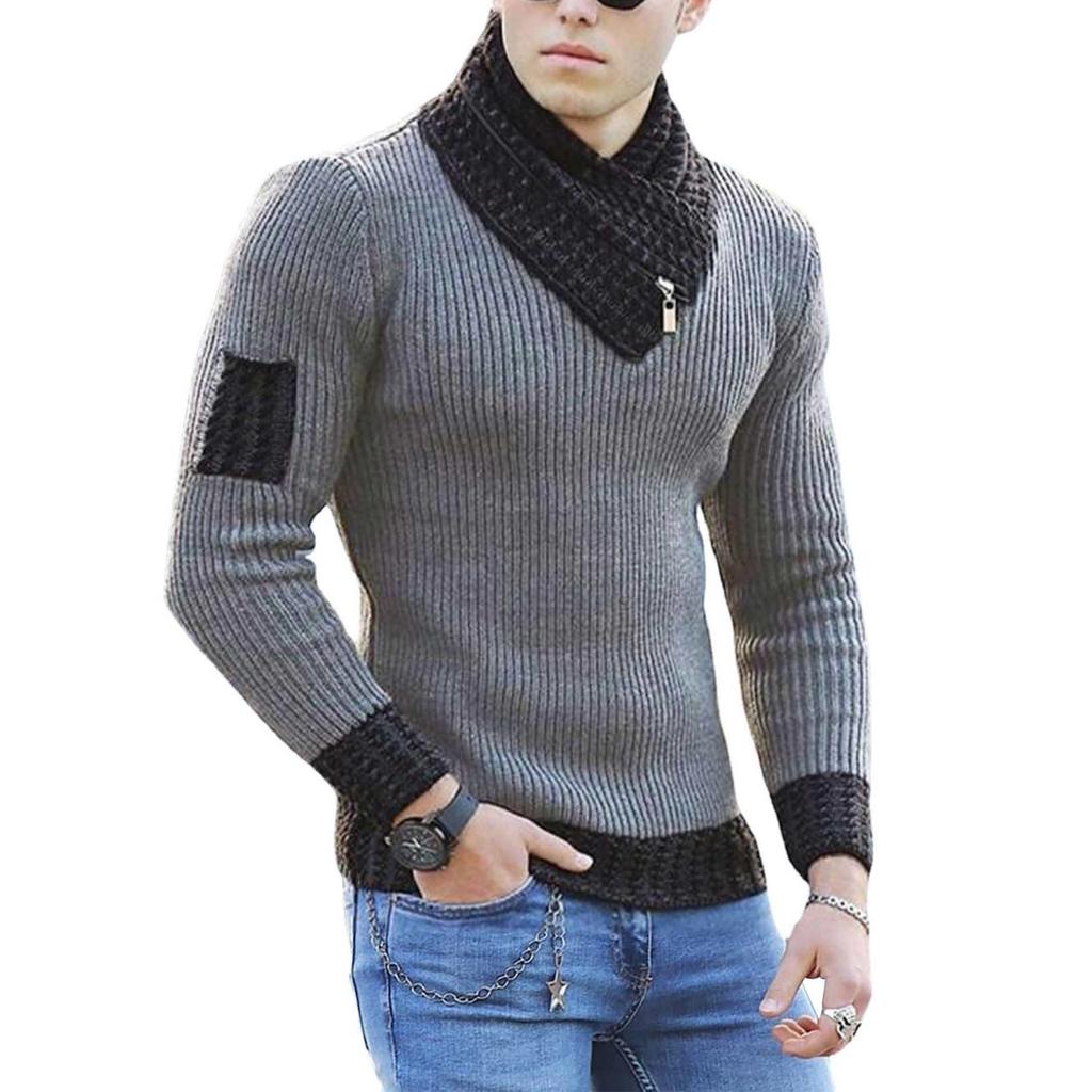 Men's Casual Solid-color Patchwork Style Long-sleeved High-neck Sweater, Men's Fitted Knitted Pullover, Scarf Collar Sweater