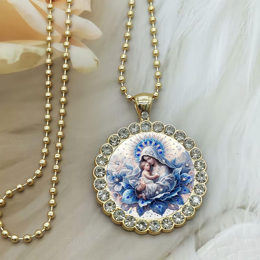 European and American New Blue Flower Round Glass Necklace, Versatile Light Luxury Fashion Ins Simple Accessory