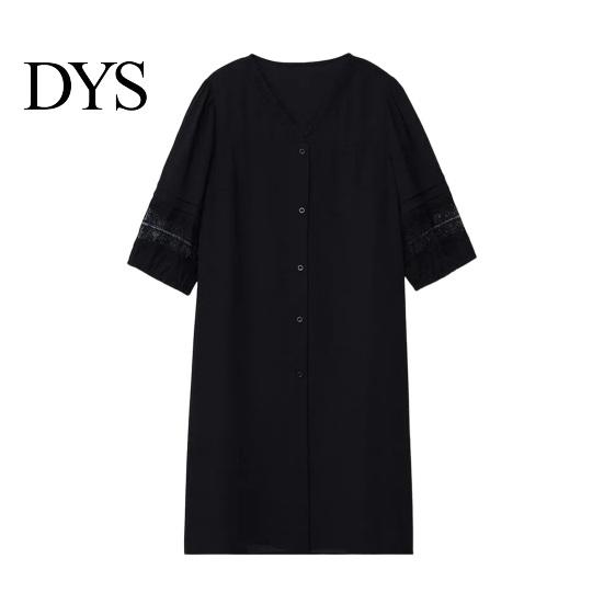Solid Color Dress Summer Women Plus Size V Neck Loose Half Sleeves Commute Midi Hollow Out Lace Single-breasted Knee Length A-line Long