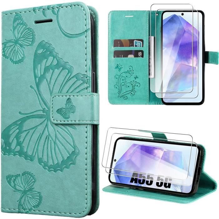 Coque de protection - BOOLING - Samsung Galaxy A05s - Motif Papillon - Vert - 2 Verres Trempés