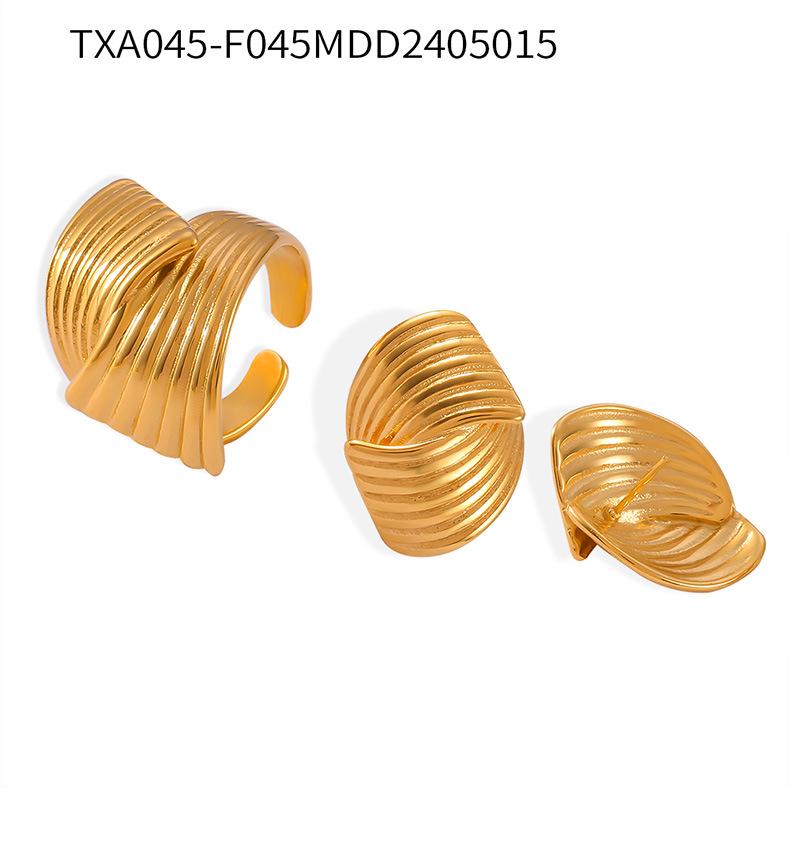 18K Gold Plated Titanium Steel Textured Earrings and Ring Set for Women