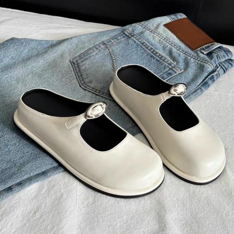 Fashion Baotou Semi-drag Autumn New Round Toe Shallow Mouth Metal Buckle One Strap Soft Sole Anti-slip Wear-resistant Flat Shoes