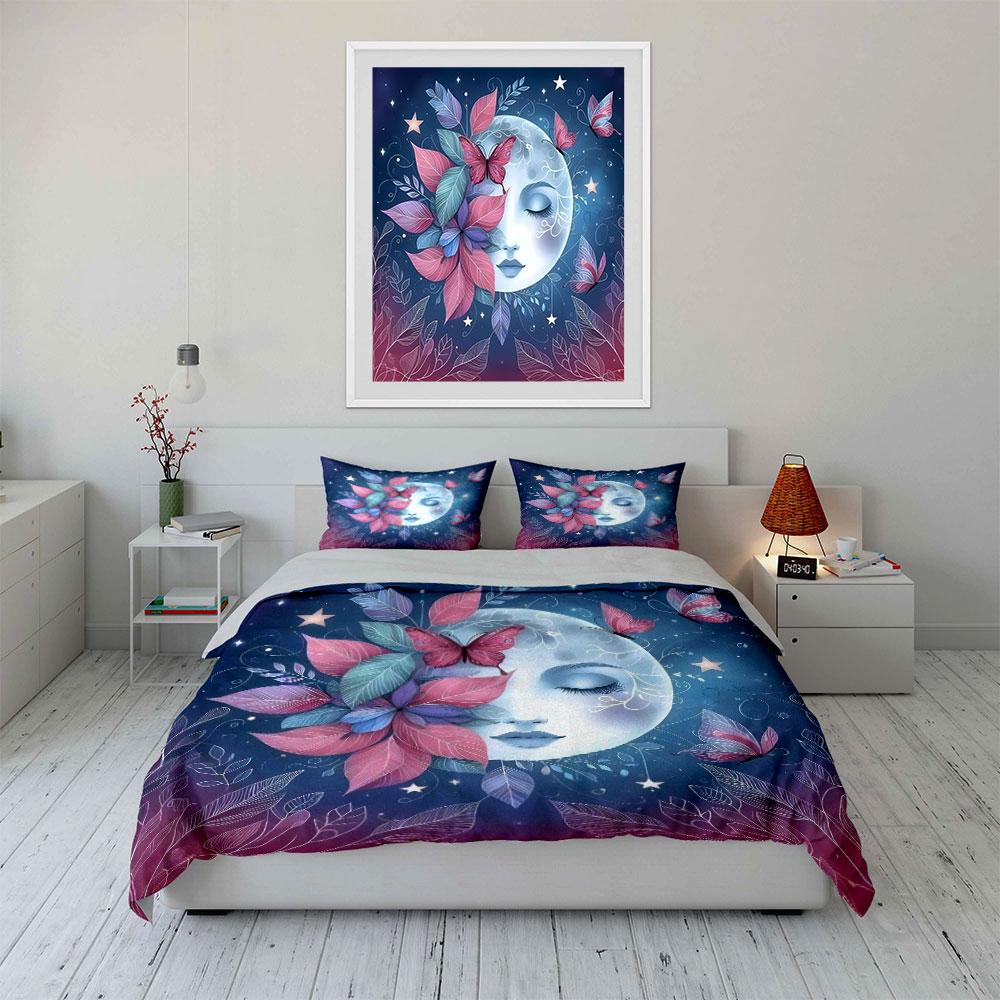 "Floral Moon and Butterfly Design" Exquisite Three-piece Bedding Set Gift for Kids and Adults