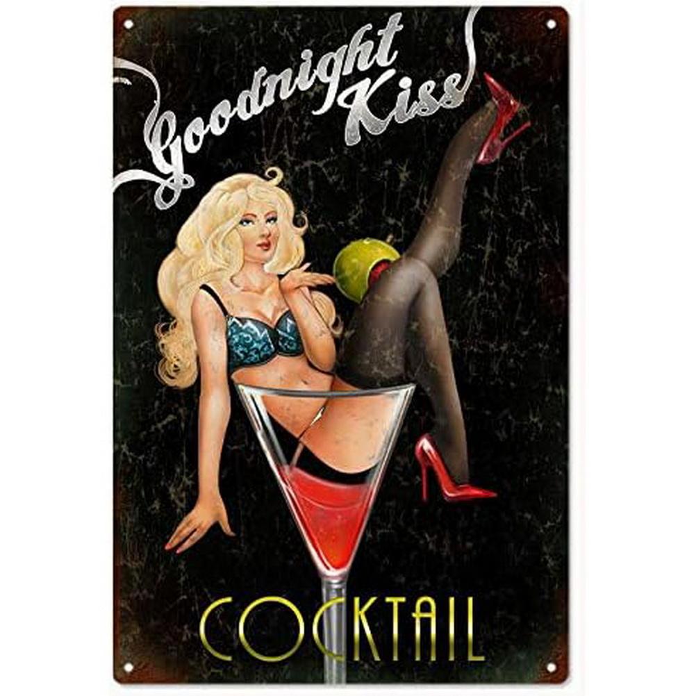 Vintage Pinup Weinmädchen Metallblechschilder Cocktail Martini Fireball Bier Wanddeko für Hausbars Garage Café Clubs Man Cave Pubs