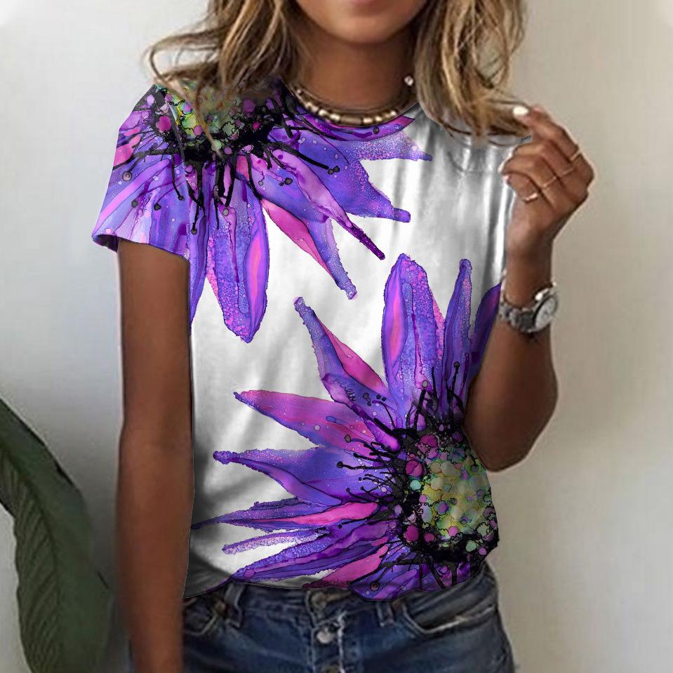 Women's Summer Loose 3D Printed Floral Round Neck Pullover Short Sleeved Top T-shirt