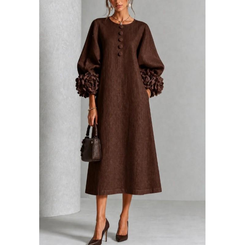 2026 French 3D Floral Lantern Sleeve Button Cotton Linen Midi Dress Women