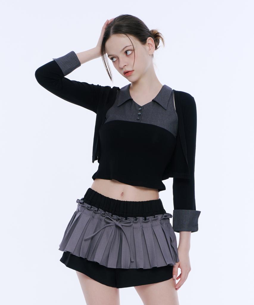 Akeumeseodeu Frill Pleated Skirt Pants (Gray & Black)