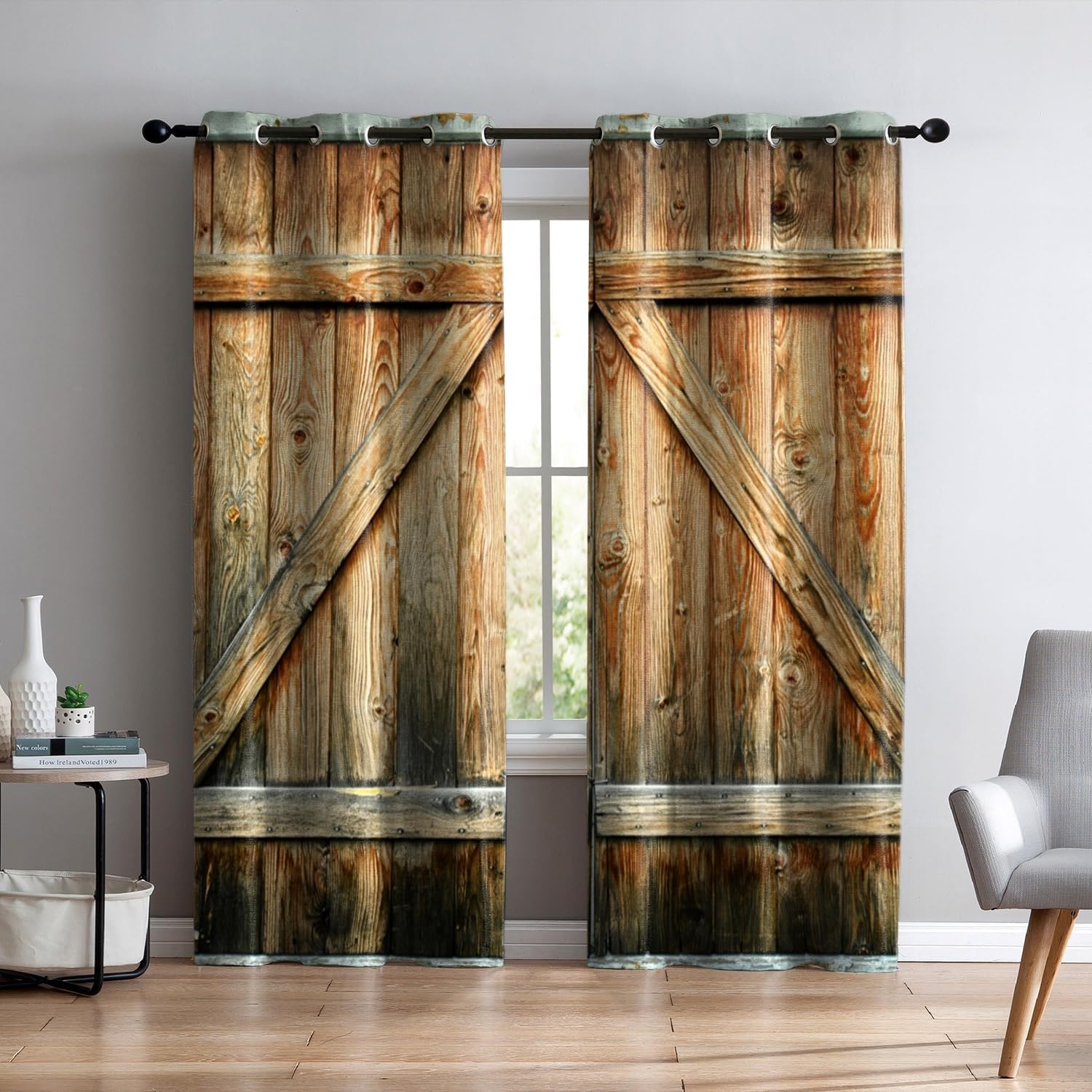 

Шторы в деревенском стиле Деревянная дверь амбара из камня Изображение фермерского дома Винтажный дизайн Сельское искусство Архитектура Печать Гостиная Спальня Окно (W70H245cm)-2pcs&Rod Pocket