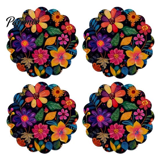 Artistic Oil Painting Style Coasters 4Pcs Nordic Wooden Coasters, Vintage Floral Heat Resistant Drink Mats, Non Proof Dining Table Protectors