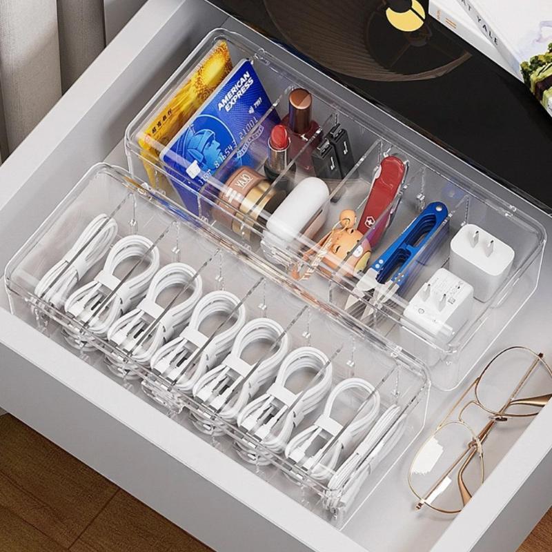 

Transparent Plastic Data Cable Storage Box Household Mobile Phone Charger Divided Grid Finish Box A