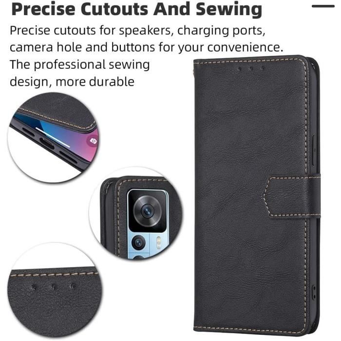 Coque pour Xiaomi 12T Pro + 2 Verres Trempés, Antichoc Intégral Portefeuille Effet Cuir Noir